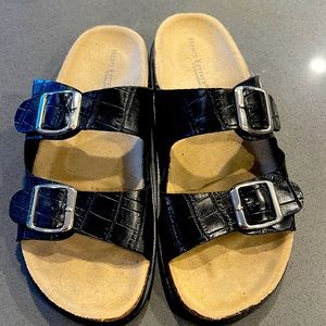 Black crocodile fake leather sandals. Super comfortable.